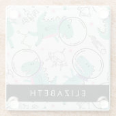 宇宙恐竜、可愛い恐竜、星、あなたの名前 ガラスコースター (裏面)