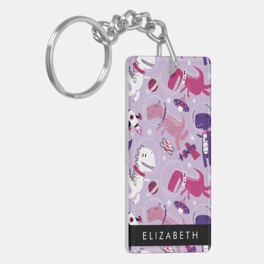 宇宙恐竜、可愛い恐竜、星、あなたの名前 キーホルダー (正面左)