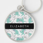 宇宙恐竜、可愛い恐竜、星、あなたの名前 キーホルダー (正面)