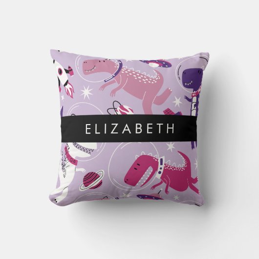 宇宙恐竜、可愛い恐竜、星、あなたの名前 クッション (正面)