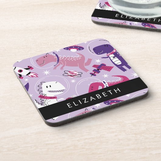宇宙恐竜、可愛い恐竜、星、あなたの名前 コースター (左側)