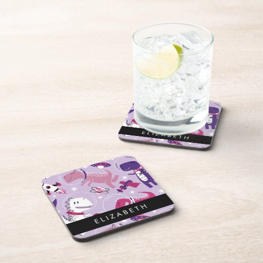 宇宙恐竜、可愛い恐竜、星、あなたの名前 コースター (右側)