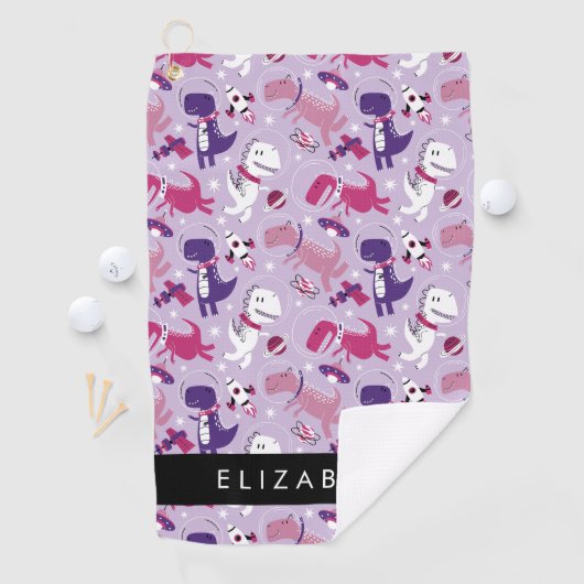 宇宙恐竜、可愛い恐竜、星、あなたの名前 ゴルフタオル (インサイチュ)