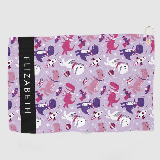 宇宙恐竜、可愛い恐竜、星、あなたの名前 ゴルフタオル (横)