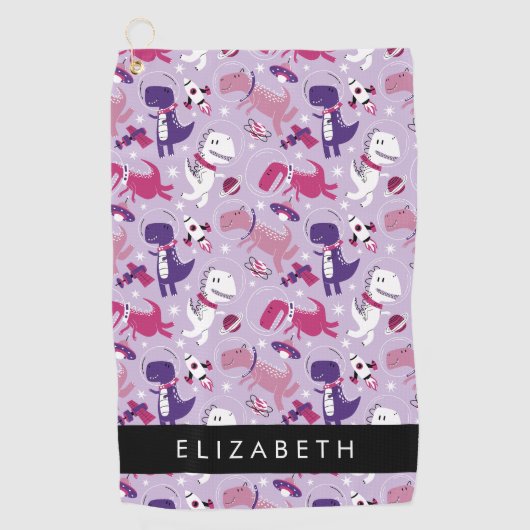 宇宙恐竜、可愛い恐竜、星、あなたの名前 ゴルフタオル (正面)