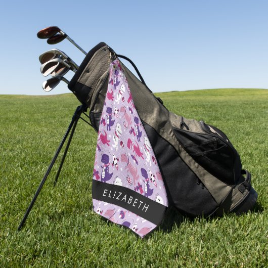 宇宙恐竜、可愛い恐竜、星、あなたの名前 ゴルフタオル (グリーン)