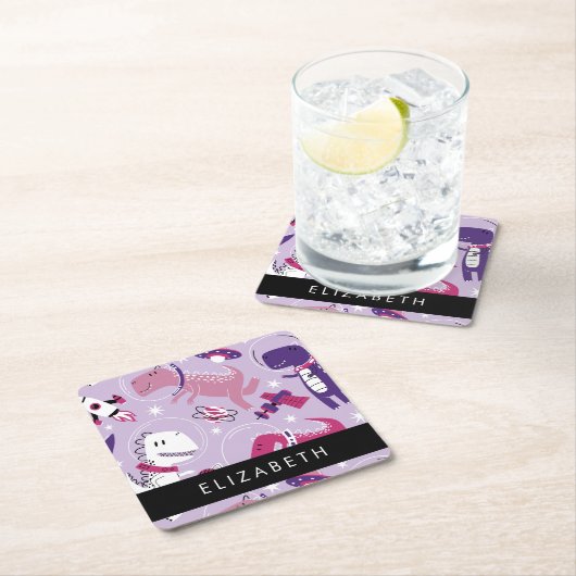 宇宙恐竜、可愛い恐竜、星、あなたの名前 スクエアペーパーコースター (インサイチュ)