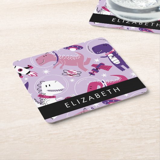 宇宙恐竜、可愛い恐竜、星、あなたの名前 スクエアペーパーコースター (アングル)