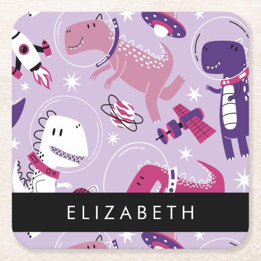 宇宙恐竜、可愛い恐竜、星、あなたの名前 スクエアペーパーコースター (正面)