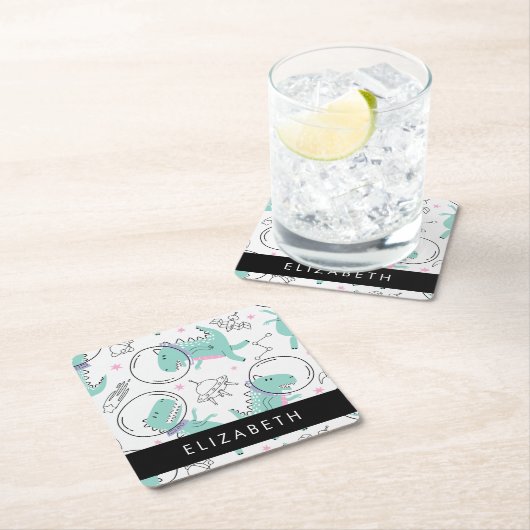 宇宙恐竜、可愛い恐竜、星、あなたの名前 スクエアペーパーコースター (インサイチュ)