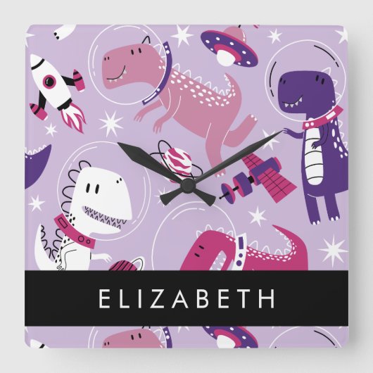 宇宙恐竜、可愛い恐竜、星、あなたの名前 スクエア壁時計 (正面)