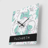 宇宙恐竜、可愛い恐竜、星、あなたの名前 スクエア壁時計 (傾斜)