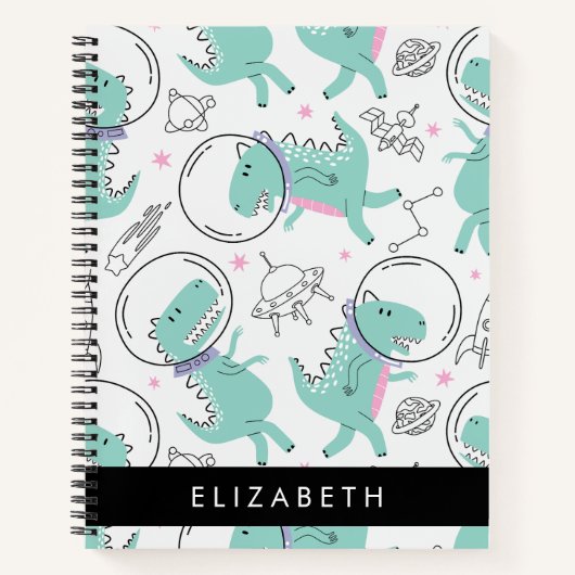 宇宙恐竜、可愛い恐竜、星、あなたの名前 ノートブック (正面)