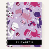 宇宙恐竜、可愛い恐竜、星、あなたの名前 ノートブック (正面)