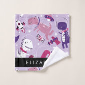 宇宙恐竜、可愛い恐竜、星、あなたの名前 バスタオルセット (ウォッシュタオル)