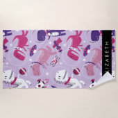 宇宙恐竜、可愛い恐竜、星、あなたの名前 ビーチタオル (正面)