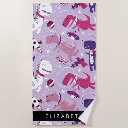 宇宙恐竜、可愛い恐竜、星、あなたの名前 ビーチタオル (正面)