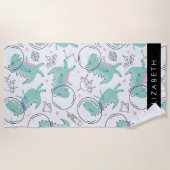 宇宙恐竜、可愛い恐竜、星、あなたの名前 ビーチタオル (正面)