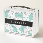 宇宙恐竜、可愛い恐竜、星、あなたの名前 メタルランチボックス (裏面)