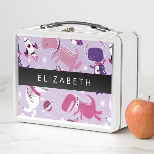 宇宙恐竜、可愛い恐竜、星、あなたの名前 メタルランチボックス (インサイチュ)