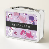 宇宙恐竜、可愛い恐竜、星、あなたの名前 メタルランチボックス (裏面)