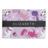 宇宙恐竜、可愛い恐竜、星、あなたの名前 枕カバー (裏面)