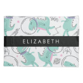 宇宙恐竜、可愛い恐竜、星、あなたの名前 枕カバー (裏面)