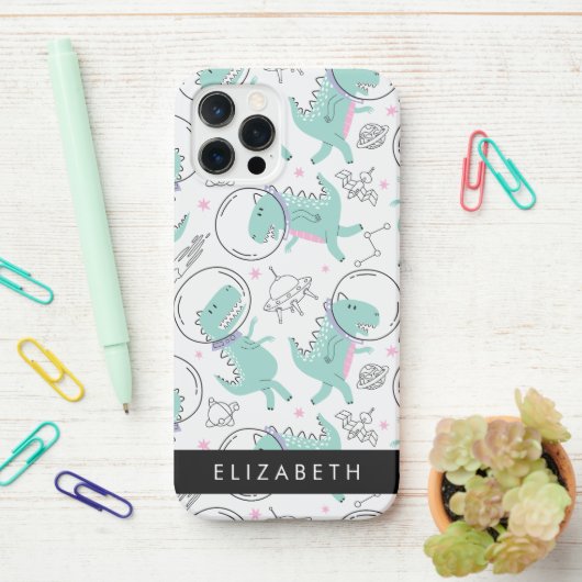 宇宙恐竜、可愛い恐竜、星、あなたの名前 iPhoneケース (デスク上)