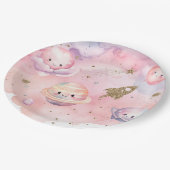 宇宙惑星と星ピンクの女の子の誕生日 ペーパープレート (アングル)