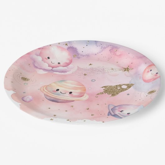 宇宙惑星と星ピンクの女の子の誕生日 ペーパープレート (アングル)
