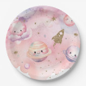 宇宙惑星と星ピンクの女の子の誕生日 ペーパープレート (正面)
