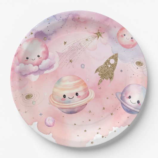 宇宙惑星と星ピンクの女の子の誕生日 ペーパープレート (正面)