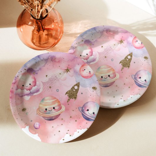 宇宙惑星と星ピンクの女の子の誕生日 ペーパープレート