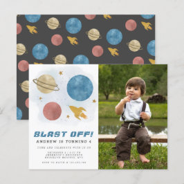 宇宙惑星の水色4th誕生日の写真 ポストカード