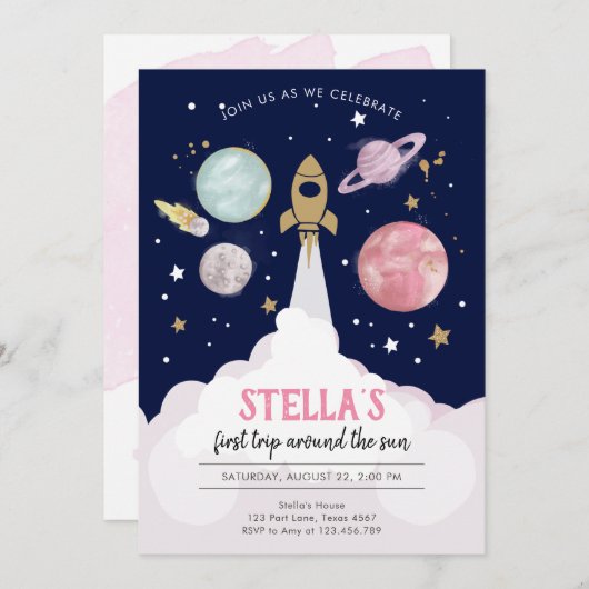 宇宙惑星ガールファースト誕生日招待状 招待状 (正面/裏面)