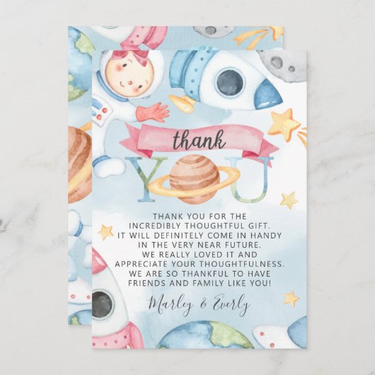 宇宙惑星ピンクガールベビーシャワーサンキューカード 招待状 (正面/裏面)