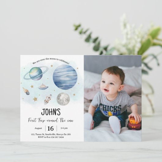 宇宙惑星ボーイファースト誕生日写真 招待状 (スタンド正面)
