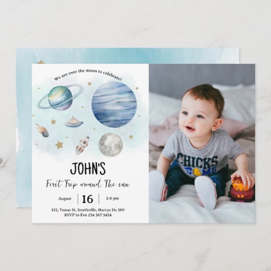 宇宙惑星ボーイファースト誕生日写真 招待状 (正面/裏面)