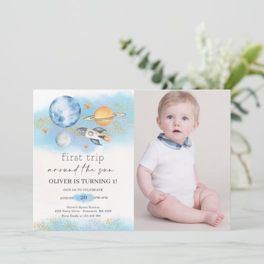 宇宙惑星ボーイファースト誕生日写真 招待状 (スタンド正面)
