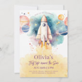 宇宙惑星ロケット女の子 初めての誕生日 招待状 (正面)