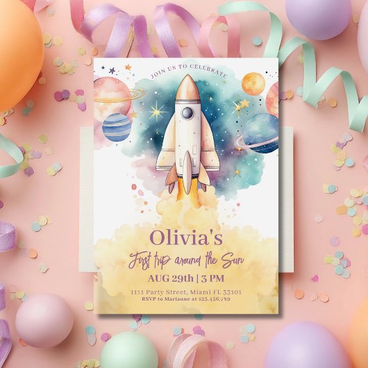宇宙惑星ロケット女の子 初めての誕生日 招待状