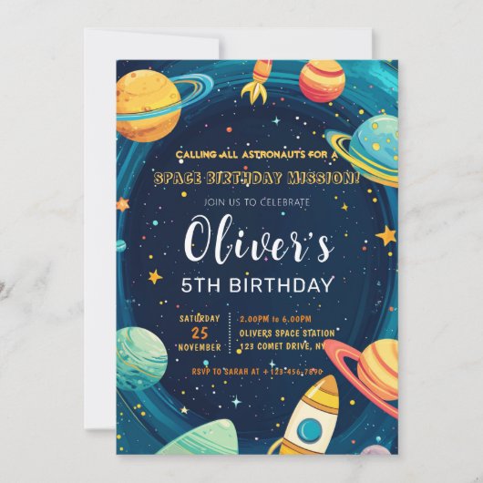 宇宙惑星子供の誕生日パーティの招待状 招待状 (正面)