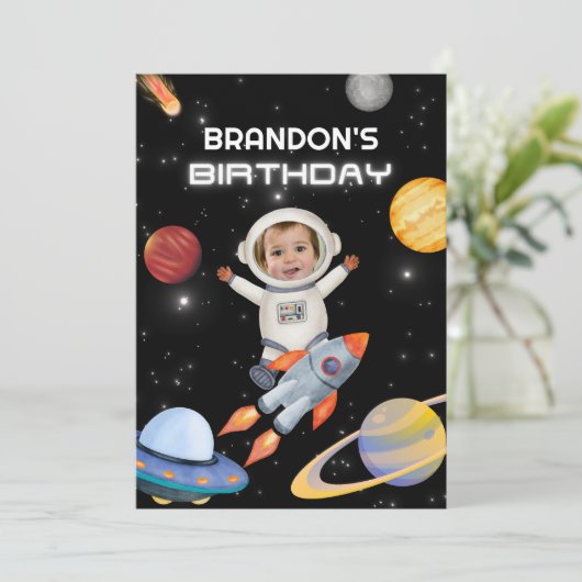 宇宙惑星宇宙飛行士の写真の誕生日の招待 招待状 (スタンド正面)