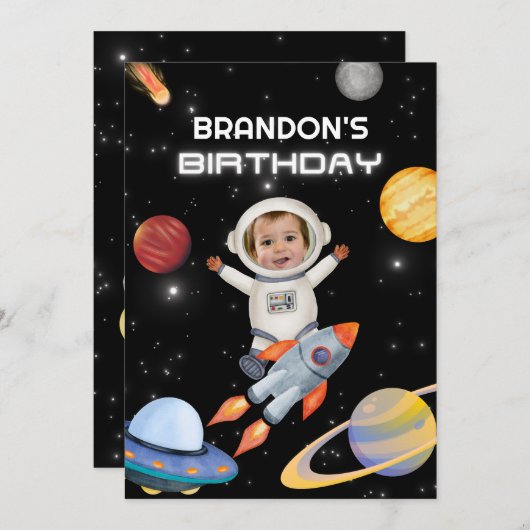 宇宙惑星宇宙飛行士の写真の誕生日の招待 招待状 (正面/裏面)