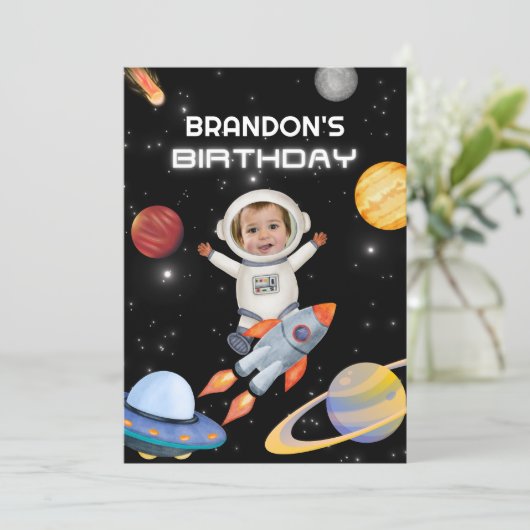 宇宙惑星宇宙飛行士の写真の誕生日の招待 招待状 (スタンド正面)