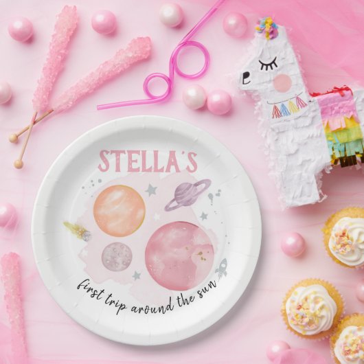 宇宙惑星銀河系ピンクガール1st誕生日 ペーパープレート (パーティー)
