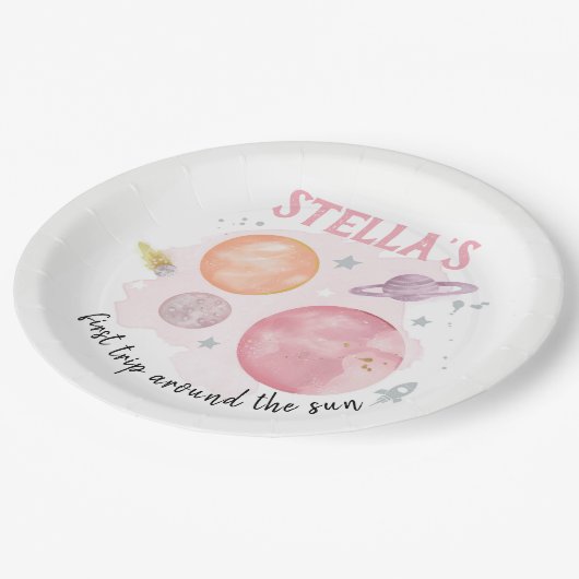 宇宙惑星銀河系ピンクガール1st誕生日 ペーパープレート (アングル)