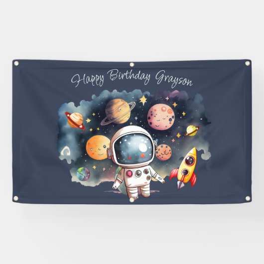宇宙惑星 ブルー ハッピーバースデー 横断幕 (横)