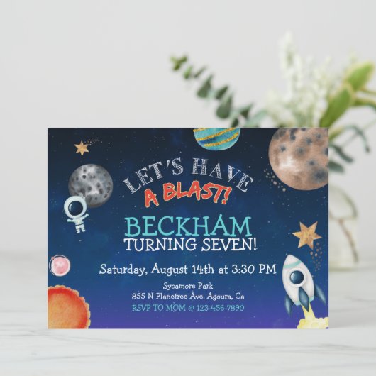 宇宙招待状、子供の誕生日、宇宙テーマ  案内状 (スタンド正面)