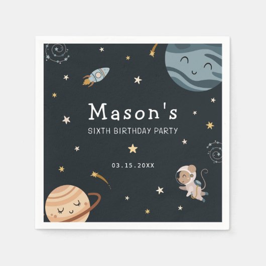 宇宙探検の楽しいキッズ誕生日パーティー スタンダードカクテルナプキン (正面)